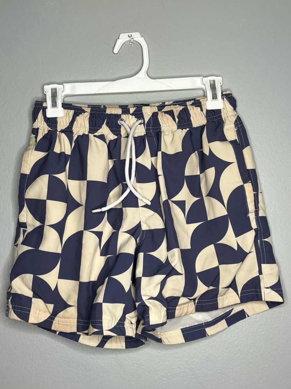 Cotton On Geometric Blue & Cream Drawstring Stretch Swim Shorts Bathing Suit D